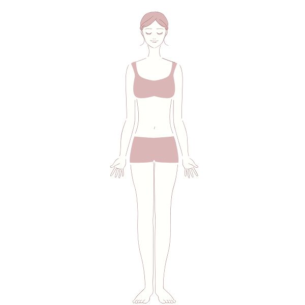全身で立つ女性のシンプルなイラスト。足の裏から身体の感覚を意識するイメージ